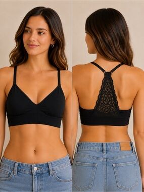 Auden Lace Racerback Seamless Wireless Lightly Lined Bralette Black S